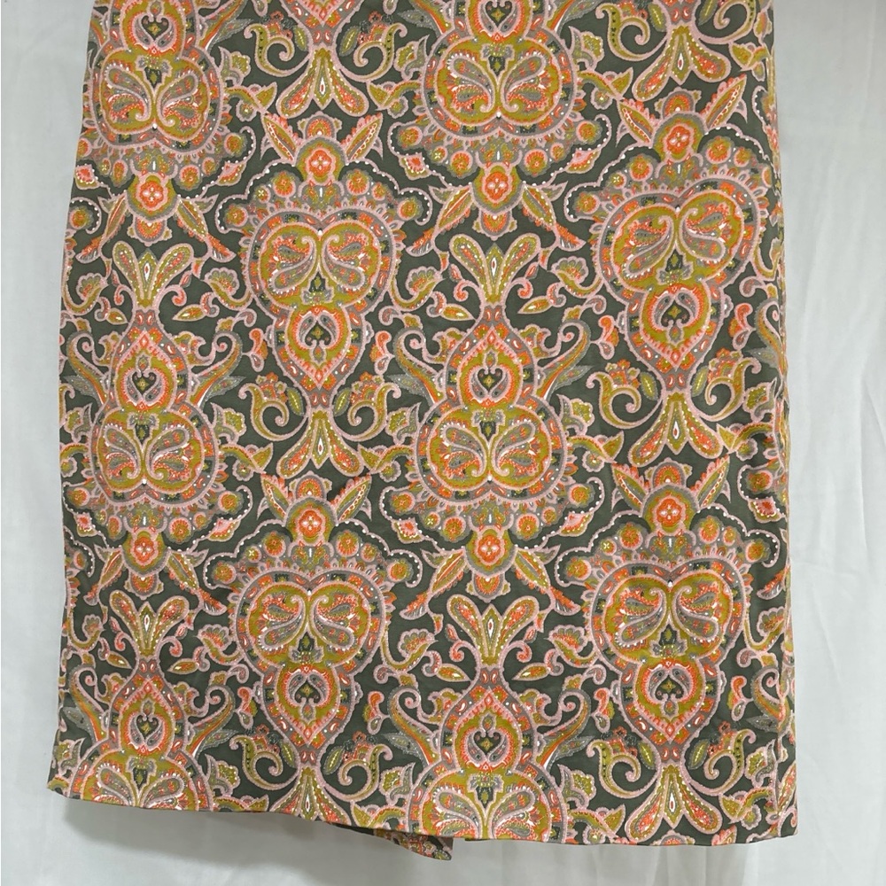 J. Crew Olive Paisley A-Line Skirt with Coral and Cream Accents